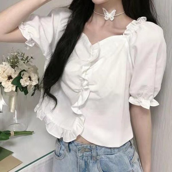 women's blouses & shirts harajuku solid women casual v neck ruffles short sleeve blusas y camisas girl kawaii french summer 2021 j, White
women's blouses & shirts harajuku solid women casual v neck ruffles short sleeve blusas y camisas girl kawaii french summer 2021 j, White