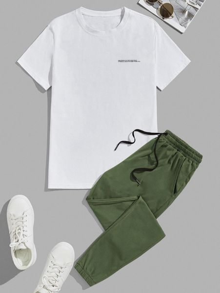 men slogan graphic tee & carrot pants c31y#, Gray