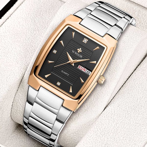 

reloj hombre wwoor men quartz wristwatches brand luxury stainless steel square waterproof automatic week date watch 210527, Slivery;brown