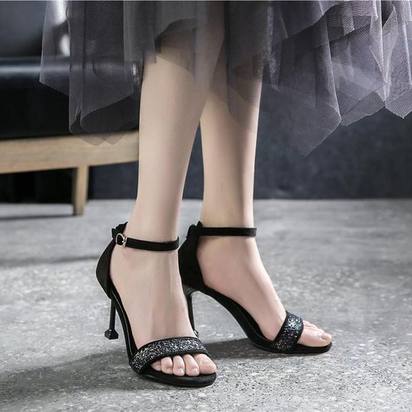 women's shoes 2021 5cm/8.5cm high heels women's stiletto open toe buckle sandals plus size, Black