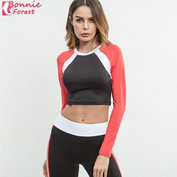 bonnie forest lady new style sport suit round neck long sleeve t-shirt+high wiast leggings pant two piece women gym yoga set, White;red