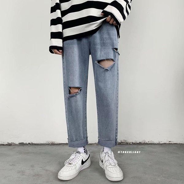 men's jeans high street personality burr hole korean fashion casual loose versatile 9-point pants straight tube streetwear, Blue
men's jeans high street personality burr hole korean fashion casual loose versatile 9-point pants straight tube streetwear, Blue