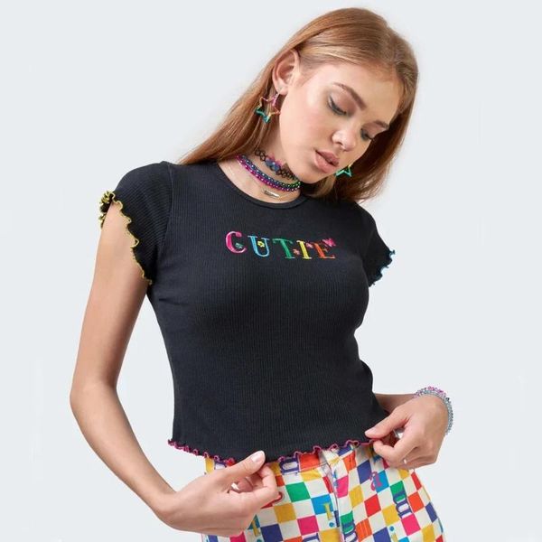 women's t-shirt women embroidery letters short sleeve crop with contrast frill trimming, White
women's t-shirt women embroidery letters short sleeve crop with contrast frill trimming, White