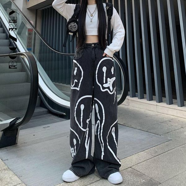 women's jeans boozrey 2021 spring fashion ins street hip-hop printing wash loose casual denim wide leg pants tide woman long trousers, Blue 
women's jeans boozrey 2021 spring fashion ins street hip-hop printing wash loose casual denim wide leg pants tide woman long trousers, Blue