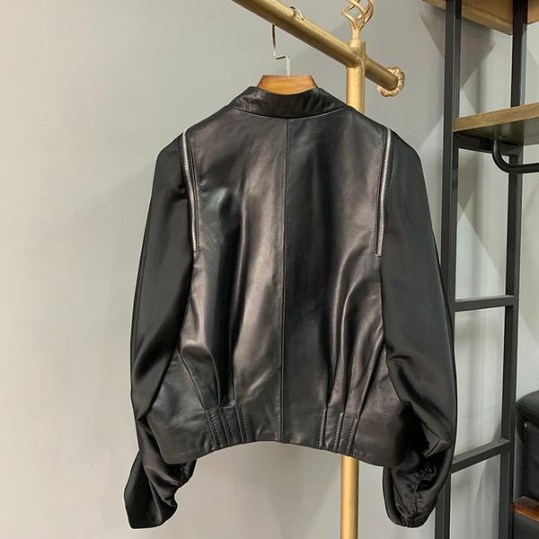 women's leather & faux stand collar vintage single breasted genuine jacket women design long sleeve patchwork casual coats female outer, Black
women's leather & faux stand collar vintage single breasted genuine jacket women design long sleeve patchwork casual coats female outer, Black