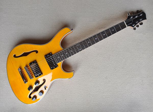 yellow semi hollow electric guitar with flame maple veneer,rosewood fretboard
yellow semi hollow electric guitar with flame maple veneer,rosewood fretboard