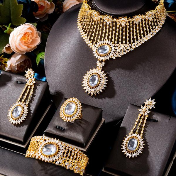 earrings & necklace godki trendy 4pcs real pink coral luxury dubai jewelry set for women wedding party zircon crystal neckalce earrin, Silver