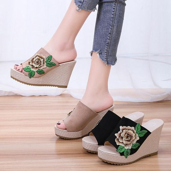 women slippers woman summer wedge comfortable sandals slip-on thick bottom flat sandals flower embroidery slip-on wedges shoes, Black
women slippers woman summer wedge comfortable sandals slip-on thick bottom flat sandals flower embroidery slip-on wedges shoes, Black