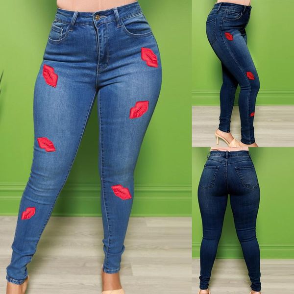 women's jeans full length red lip print fashion show thin personality trend ripped trousers slim female denim pants, Blue
women's jeans full length red lip print fashion show thin personality trend ripped trousers slim female denim pants, Blue