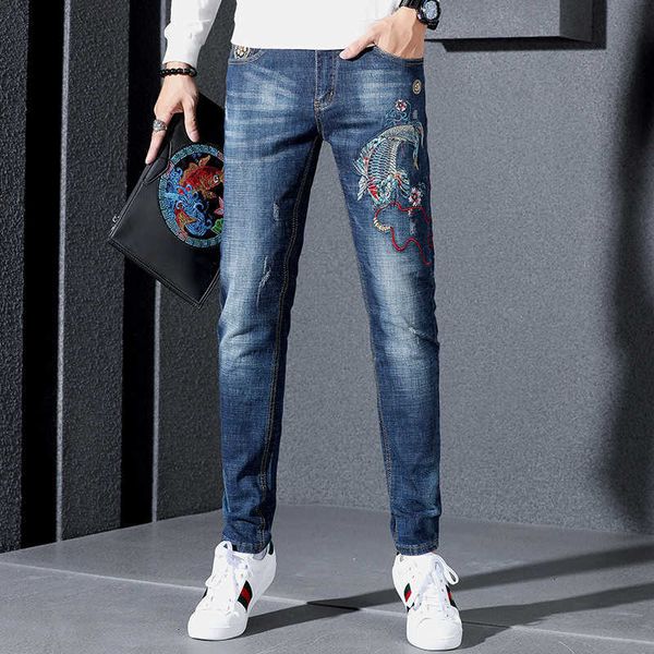 jeans embroidered men's fashion brand slim leggings classic chine style carp embroidered pants, Blue