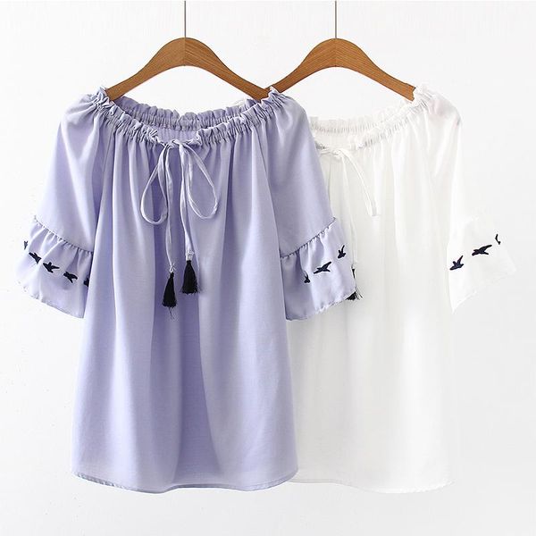 women's t-shirt summer casual sweet short sleeve women clothing solid color slash neck bow tassel female vestido u155, White
women's t-shirt summer casual sweet short sleeve women clothing solid color slash neck bow tassel female vestido u155, White