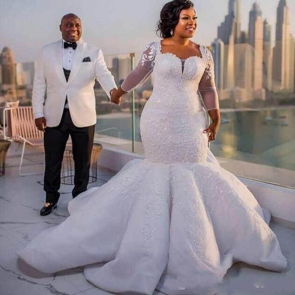 2021 new south african mermaid es lace appliques plus size sheer 3/4 sleeves bridal gowns satin court train wedding vestidos zeg9, White
2021 new south african mermaid es lace appliques plus size sheer 3/4 sleeves bridal gowns satin court train wedding vestidos zeg9, White