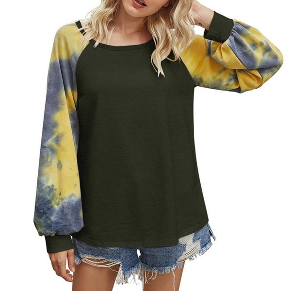 women's t-shirt women lantern long sleeve loose o-neck tie-dye patchwork color block top, White
women's t-shirt women lantern long sleeve loose o-neck tie-dye patchwork color block top, White