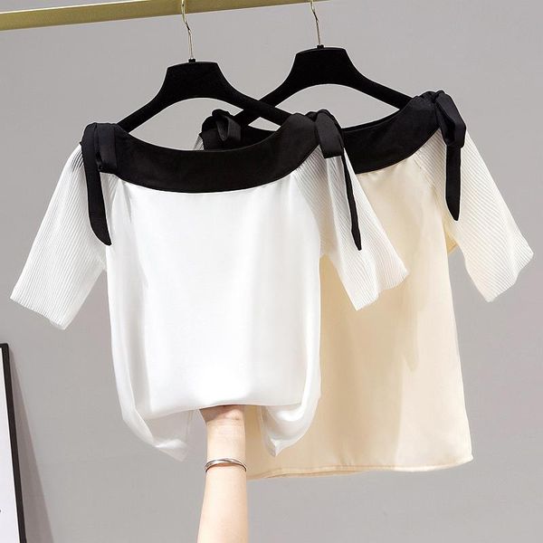 women's blouses & shirts 2021 summer slash neck women shirt short sleeve bow off shoulder casual chiffon female pullover ladies, White
women's blouses & shirts 2021 summer slash neck women shirt short sleeve bow off shoulder casual chiffon female pullover ladies, White