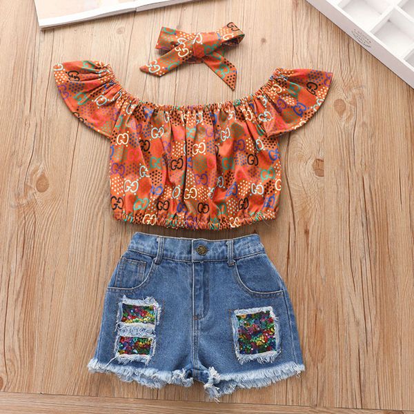 new print 2021 pullover denim shorts summer three piece children's clothing girls' pants set, White 
new print 2021 pullover denim shorts summer three piece children's clothing girls' pants set, White