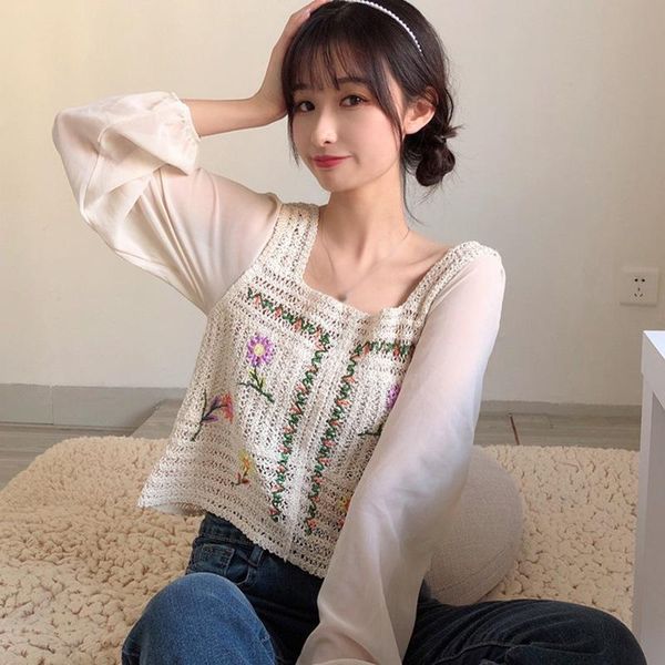 women's blouses & shirts ropalia women hollow out knit blouse square collar patchwork sweet long sleeve, White
women's blouses & shirts ropalia women hollow out knit blouse square collar patchwork sweet long sleeve, White