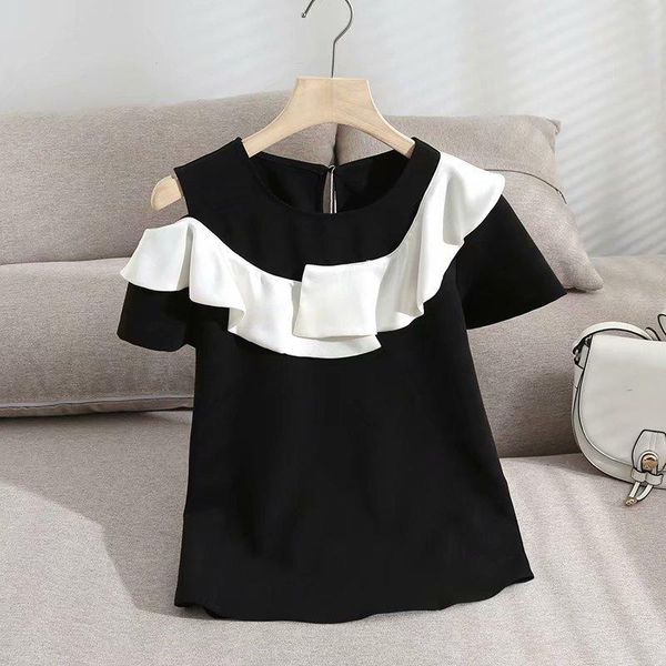 women's t-shirt 2021 summer round neck shirt korean style women clothing contrast color ruffled off shoulder short sleeve for, White
women's t-shirt 2021 summer round neck shirt korean style women clothing contrast color ruffled off shoulder short sleeve for, White