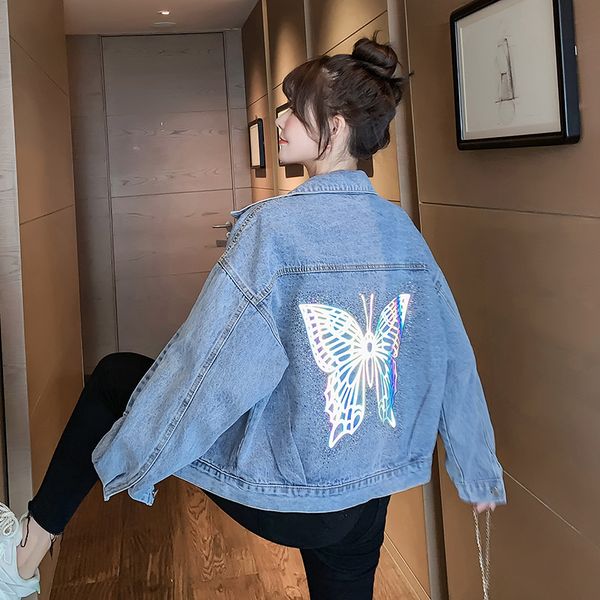 2021 spring female turn down collar single breasted long-sleeved print butterfly sequins denim jacket cardigan coat 8y776, Black;brown
2021 spring female turn down collar single breasted long-sleeved print butterfly sequins denim jacket cardigan coat 8y776, Black;brown