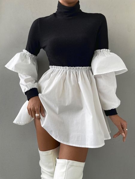 two tone frill trim dress k7et#, Black;gray