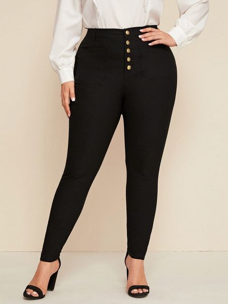 plus button front skinny pants f1nj#, Black