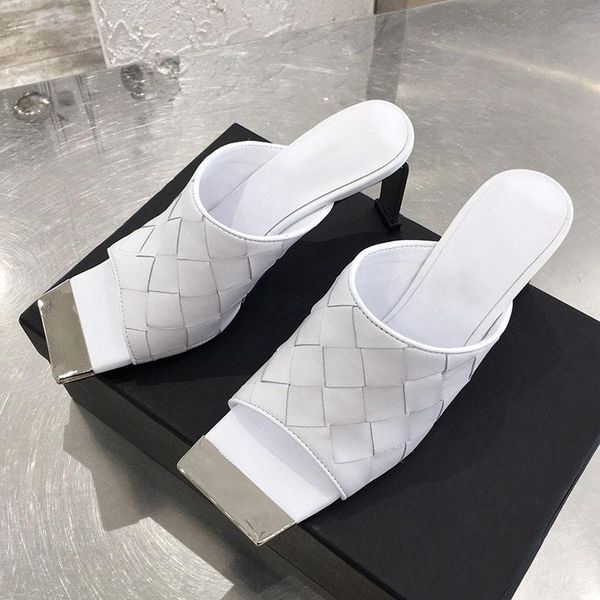 slippers summer strange style high heels fashion metal square toes genuine leather handmade weave woman leisure vacation sliders, Black
slippers summer strange style high heels fashion metal square toes genuine leather handmade weave woman leisure vacation sliders, Black