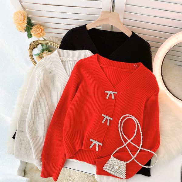 women's sweaters female sweater knitted with v-cleavage, korean fashion long sleeve strass sweet bow decoration for women jang, White;black
women's sweaters female sweater knitted with v-cleavage, korean fashion long sleeve strass sweet bow decoration for women jang, White;black