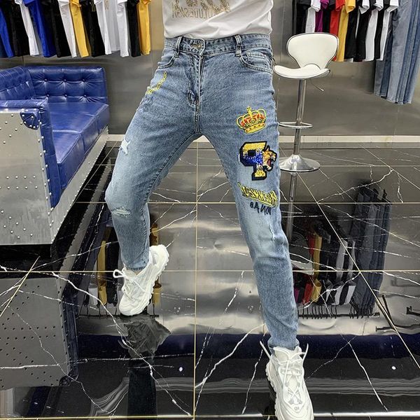 european designer jeans 2021 new spring sequins jeans men's crown embroidery denim men korean fashion brand slim men, Blue
european designer jeans 2021 new spring sequins jeans men's crown embroidery denim men korean fashion brand slim men, Blue
