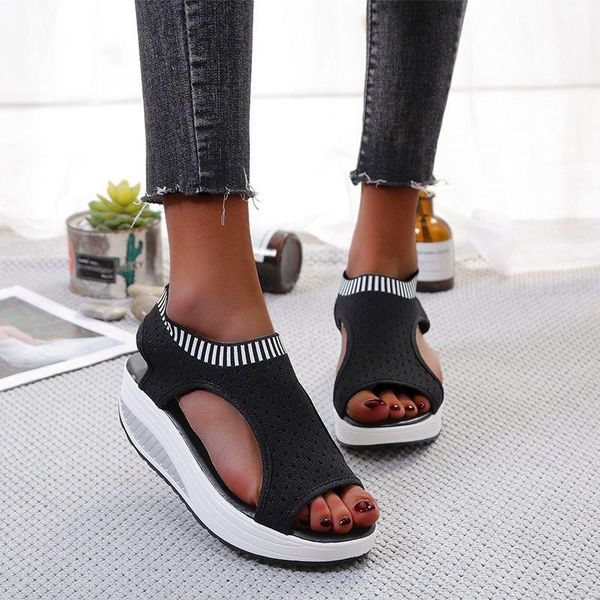 sandals cootelili woman women fashion sandalias 5cm heel sandale 2021 flats slip on womens sandal 35-43, Black