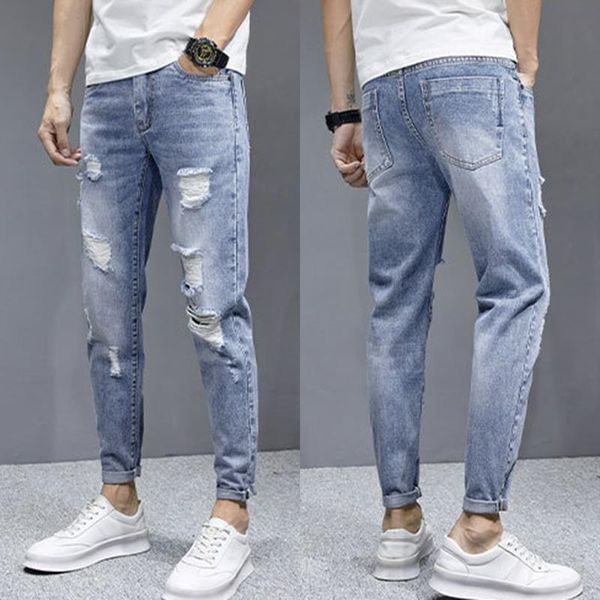 men's jeans summer mens slim fit pants skinny korean ankle-length trousers ripped denim, Blue
men's jeans summer mens slim fit pants skinny korean ankle-length trousers ripped denim, Blue