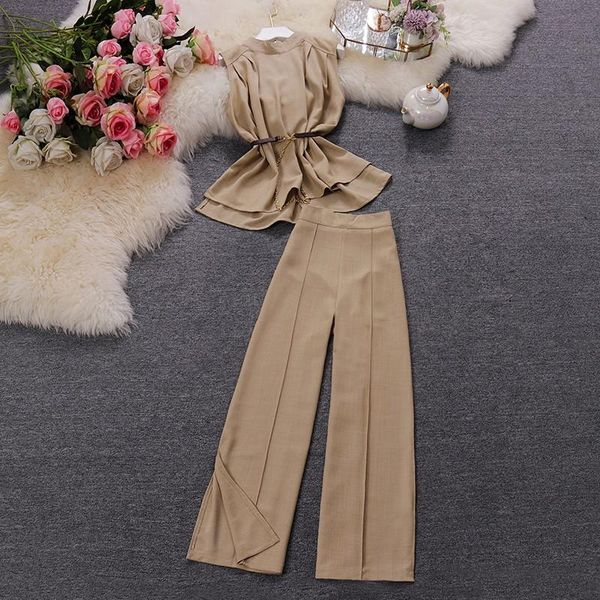 women's two piece pants summer elegant office lady o-neck irregular belted tank and high waist slit wide leg trousers one set, White
women's two piece pants summer elegant office lady o-neck irregular belted tank and high waist slit wide leg trousers one set, White