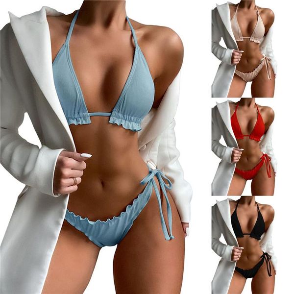 women's swimwear 2 pcs women bathing suits adults tie-up padded solid color lettuce trim bikini bra + thong, White;black
women's swimwear 2 pcs women bathing suits adults tie-up padded solid color lettuce trim bikini bra + thong, White;black