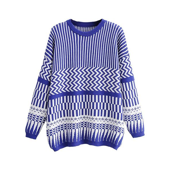 women's sweaters round neck contrast jacquard loose padded sweater women geometric pattern knit trend 0918, White;black
women's sweaters round neck contrast jacquard loose padded sweater women geometric pattern knit trend 0918, White;black