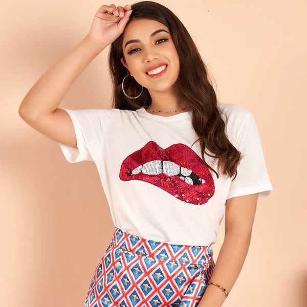 women's t-shirt summer fashion white casual round neck short sleeve red lips sequin t-shirt ja33
women's t-shirt summer fashion white casual round neck short sleeve red lips sequin t-shirt ja33