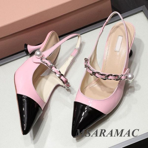 sandals pink black stitching pearl chain decoration leather lining pointed toe high heels street ladies party shoes
sandals pink black stitching pearl chain decoration leather lining pointed toe high heels street ladies party shoes