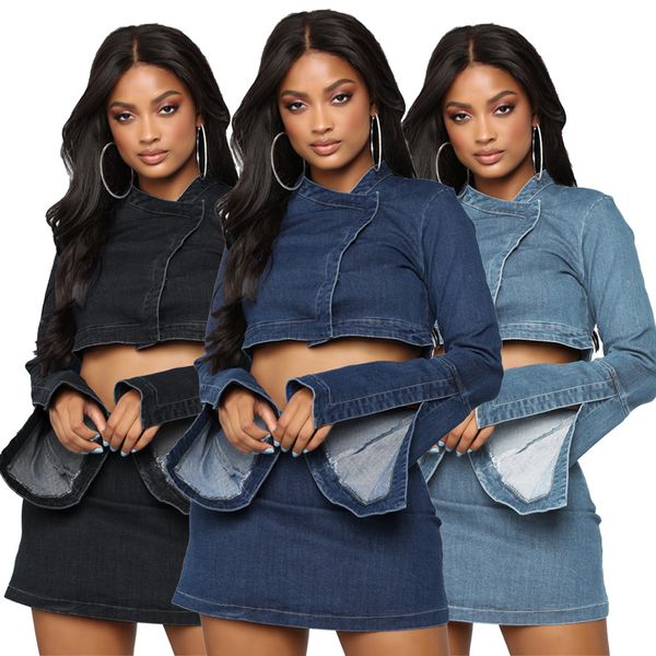 wholesale two piece set womens jeans material nightclub bell sleeve zipper button denim skirt two-piece suit club outfits, White
wholesale two piece set womens jeans material nightclub bell sleeve zipper button denim skirt two-piece suit club outfits, White