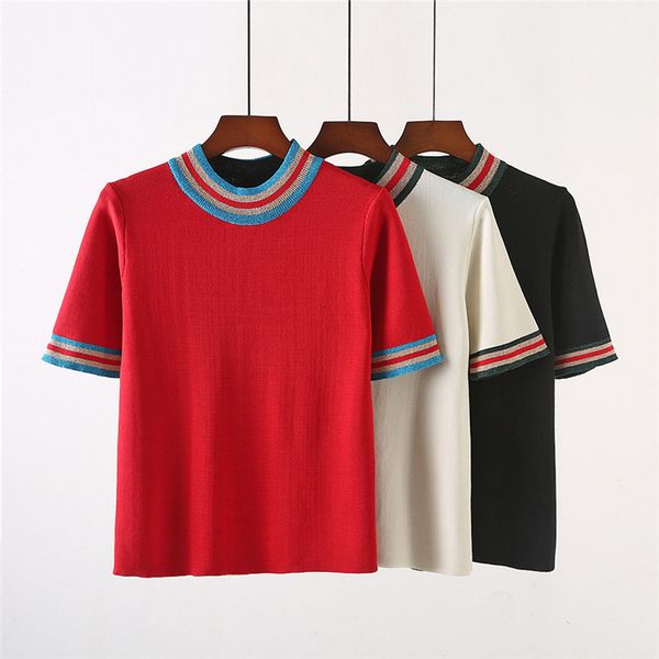t shirt summer contrast striped women's round neck short sleeve bright silk splicing pullover ice knitted, White
t shirt summer contrast striped women's round neck short sleeve bright silk splicing pullover ice knitted, White