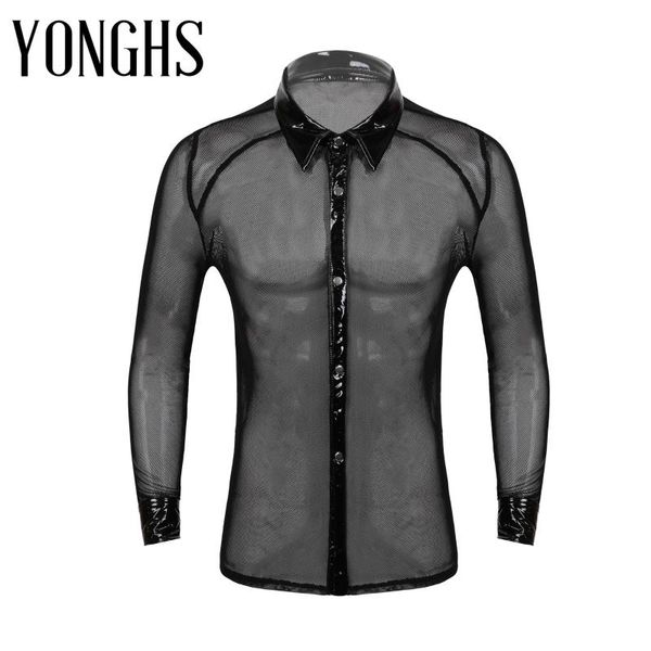 mens lingerie see-through shirt mesh patchwork patent leather turn-down collar long sleeve for night club stage performance, White;black
mens lingerie see-through shirt mesh patchwork patent leather turn-down collar long sleeve for night club stage performance, White;black