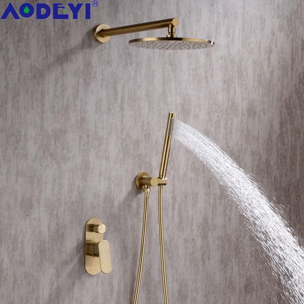 brushed gold shower set, 2 way wall mounted concealed rough in valve, hand held sprayer and rainfall shower head, 8 or 10 inch 
brushed gold shower set, 2 way wall mounted concealed rough in valve, hand held sprayer and rainfall shower head, 8 or 10 inch