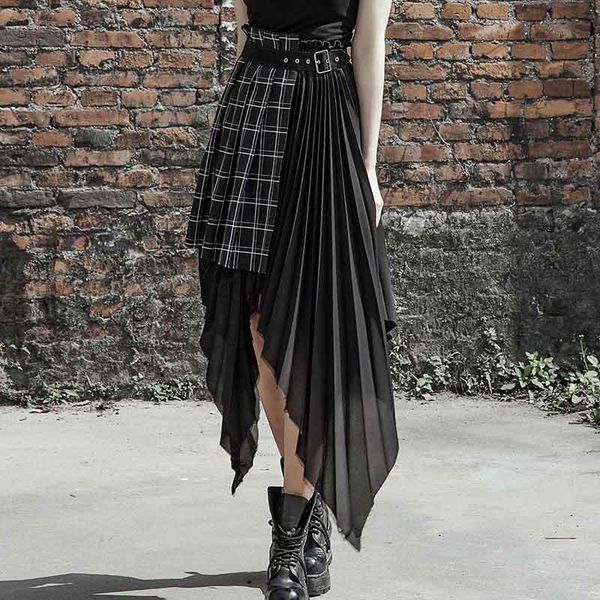 skirts punk rave women fake two pieces skirt fashion plaid black irregular chiffon high waist club gothic