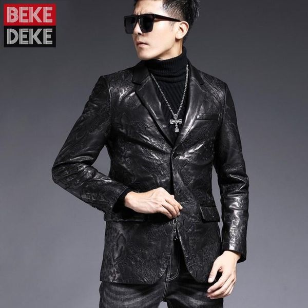 men's leather & faux luxury business men sheepskin jacket suit blazer coat man office party slim fit floral embroidery genuine, Black 
men's leather & faux luxury business men sheepskin jacket suit blazer coat man office party slim fit floral embroidery genuine, Black