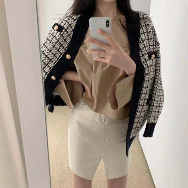 women's jackets 2021 autumn and winter all-match single-breasted checkered sweater cardigan long-sleeved jacket women, Black;brown
women's jackets 2021 autumn and winter all-match single-breasted checkered sweater cardigan long-sleeved jacket women, Black;brown