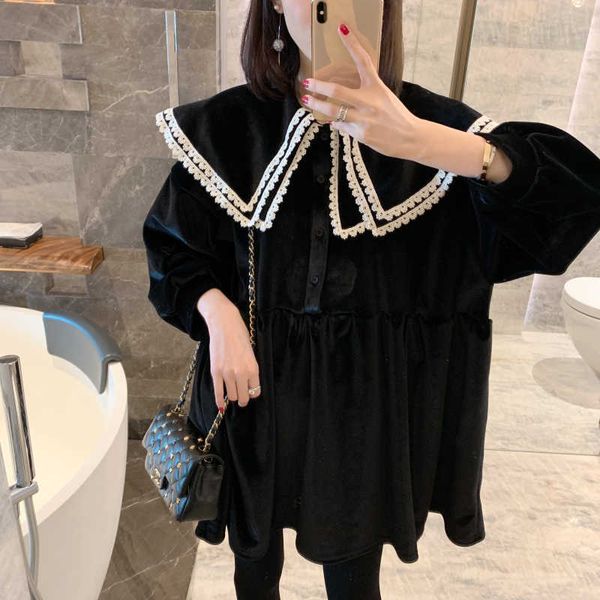women vintage stylish casual japanese wear lace appliques velvet mini dress fashion lapel collar long sleeve female dresses muj 210601, Black;gray
women vintage stylish casual japanese wear lace appliques velvet mini dress fashion lapel collar long sleeve female dresses muj 210601, Black;gray