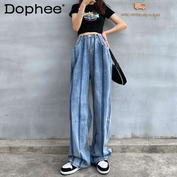 women's jeans high waisted for summer thin striped denim pants 2021 loose slimming straight drooping wide-leg baggy trousers, Blue
women's jeans high waisted for summer thin striped denim pants 2021 loose slimming straight drooping wide-leg baggy trousers, Blue