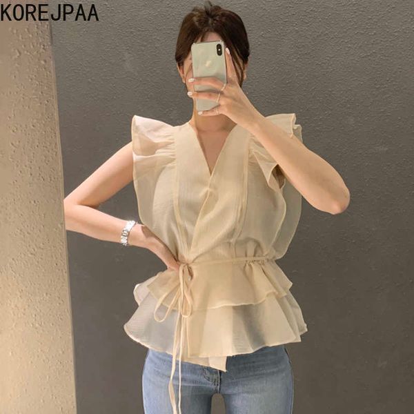 korejpaa women shirt summer korean chic gentle temperament cross v-neck ruffle stitching lace-up waist blouses 210526, White
korejpaa women shirt summer korean chic gentle temperament cross v-neck ruffle stitching lace-up waist blouses 210526, White