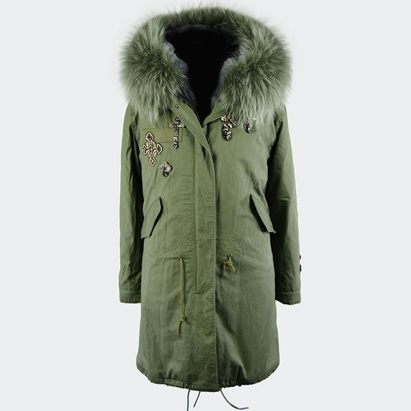 women's fur & faux army green outer shell and grey rex lined parka winter warm over coat with olive raccoon collar, Black
women's fur & faux army green outer shell and grey rex lined parka winter warm over coat with olive raccoon collar, Black