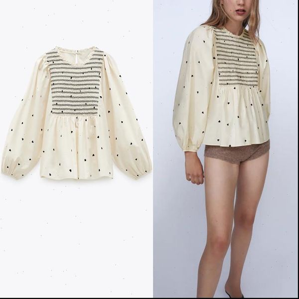 2021 za heart print blouse women o neck long balloon sleeve shirts woman chic back opening smock elegant poplin top, White
2021 za heart print blouse women o neck long balloon sleeve shirts woman chic back opening smock elegant poplin top, White