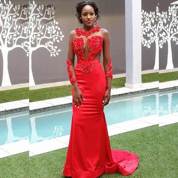 african long sleeves lace mermaid evening dresses appliques beaded jewel neck sweep train flowers prom gowns, Black;red
african long sleeves lace mermaid evening dresses appliques beaded jewel neck sweep train flowers prom gowns, Black;red