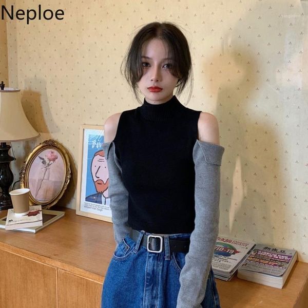 women's sweaters neploe chic sweater women hollow out off shoulder pullovers patchwork contrast color jumper half turtleneck cropped we, White;black
women's sweaters neploe chic sweater women hollow out off shoulder pullovers patchwork contrast color jumper half turtleneck cropped we, White;black