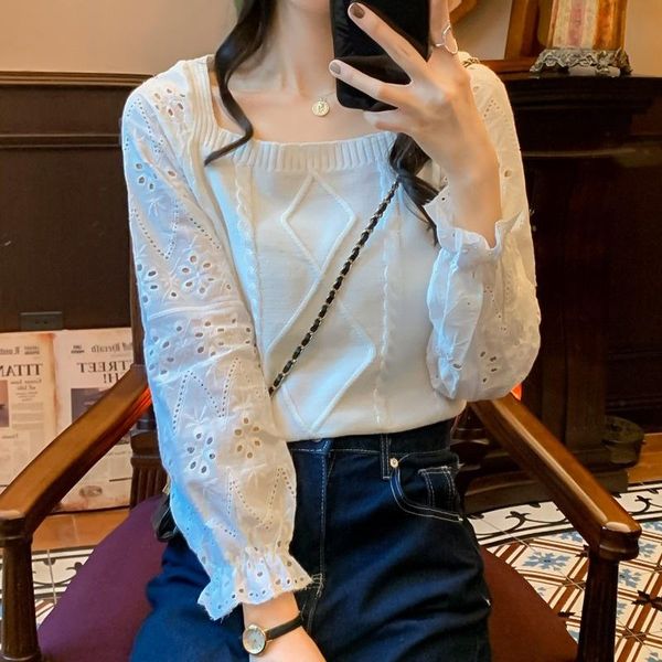 women's sweaters french square neck long sleeve sweater autumn 2021 loose thin bottomed hollow, White;black
women's sweaters french square neck long sleeve sweater autumn 2021 loose thin bottomed hollow, White;black