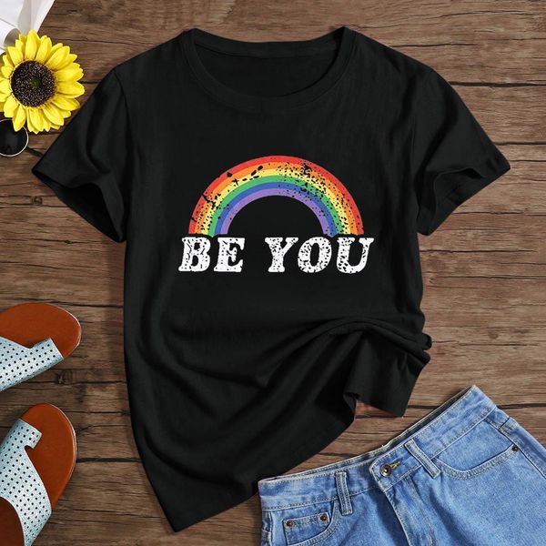 women be you letter print t shirt 2021 summer fashion casual rainbow graphic short sleeve toops tees for women clothes, White 
women be you letter print t shirt 2021 summer fashion casual rainbow graphic short sleeve toops tees for women clothes, White